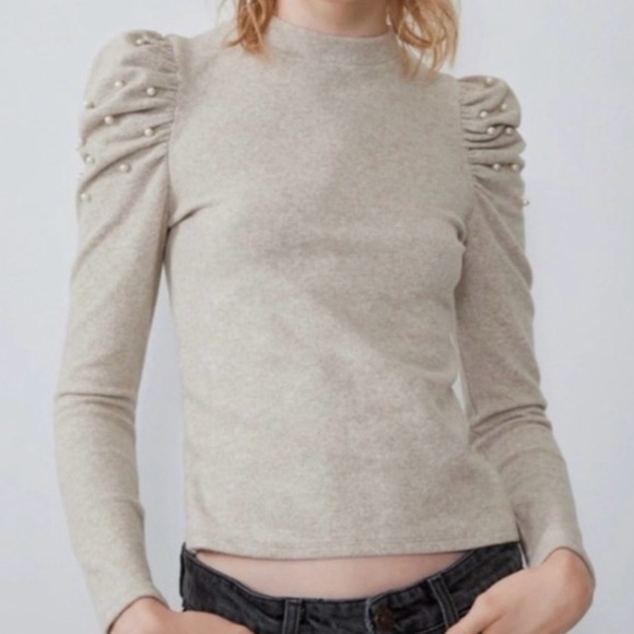 Zara Soft Balloon Shoulder Pearl Detail Sweater Oatmeal Size Small - Picture 1 of 7